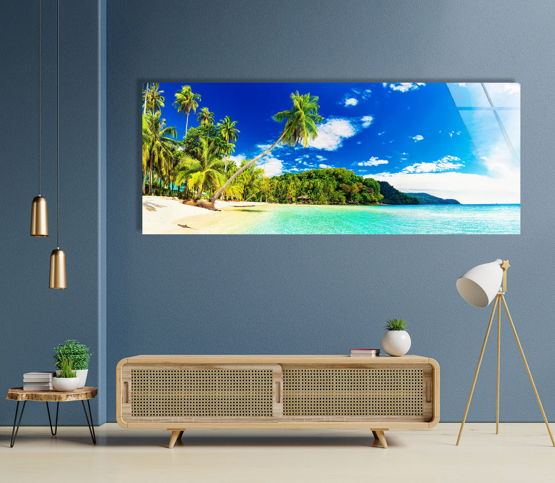 Island Beach With Palms Glass Wall Art, photo print on glass, prints on glass wall art