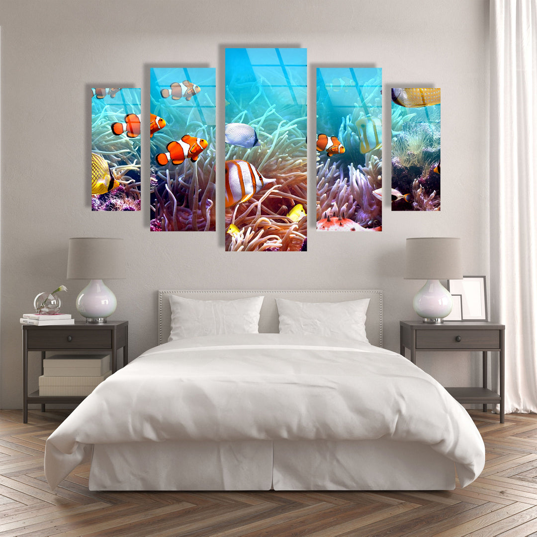 Clownfishes On The Seabed Glass Wall Art, art glass wall art, glass wall art pictures