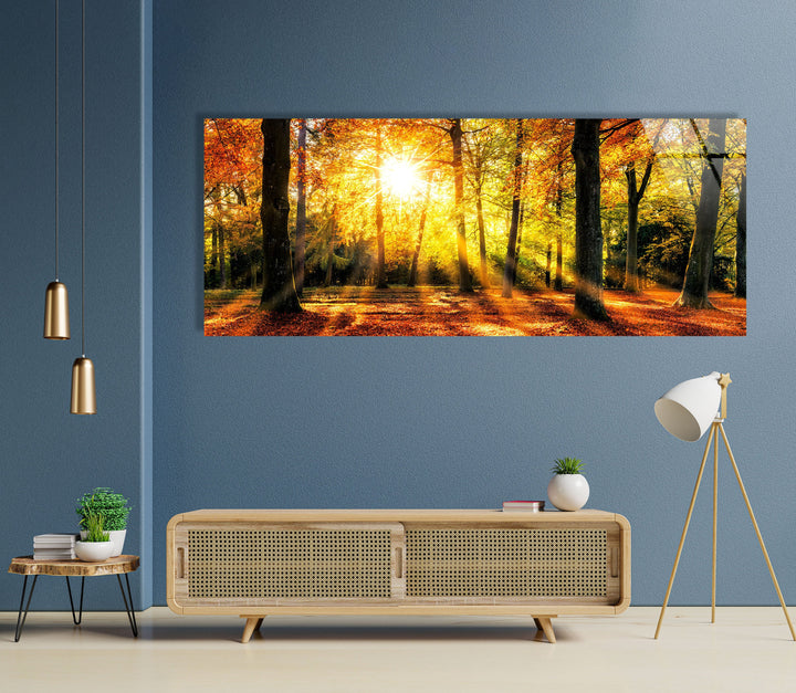 Sun Rays In The Green Forest Glass Wall Art, glass wall decor, glass wall art decor