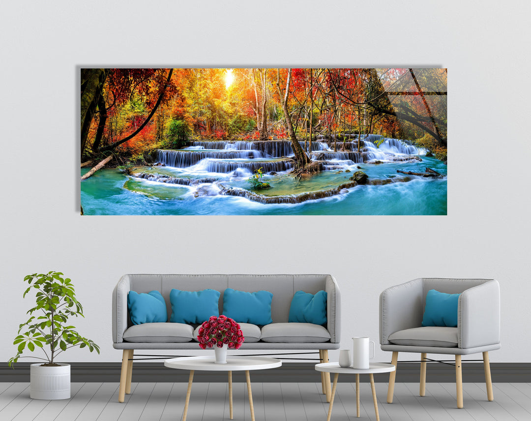 Autumn Trees and Waterfall Landscape Glass Wall Art, picture on glass wall art, photos printed on glass