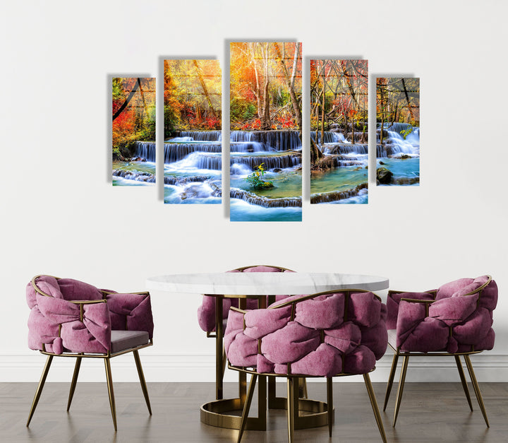 Autumn Trees and Waterfall Landscape Glass Wall Art, art glass wall art, glass wall art pictures