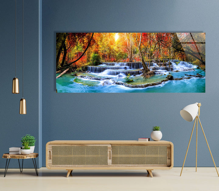 Autumn Trees and Waterfall Landscape Glass Wall Art, print picture on glass, Tempered Glass Wall Art