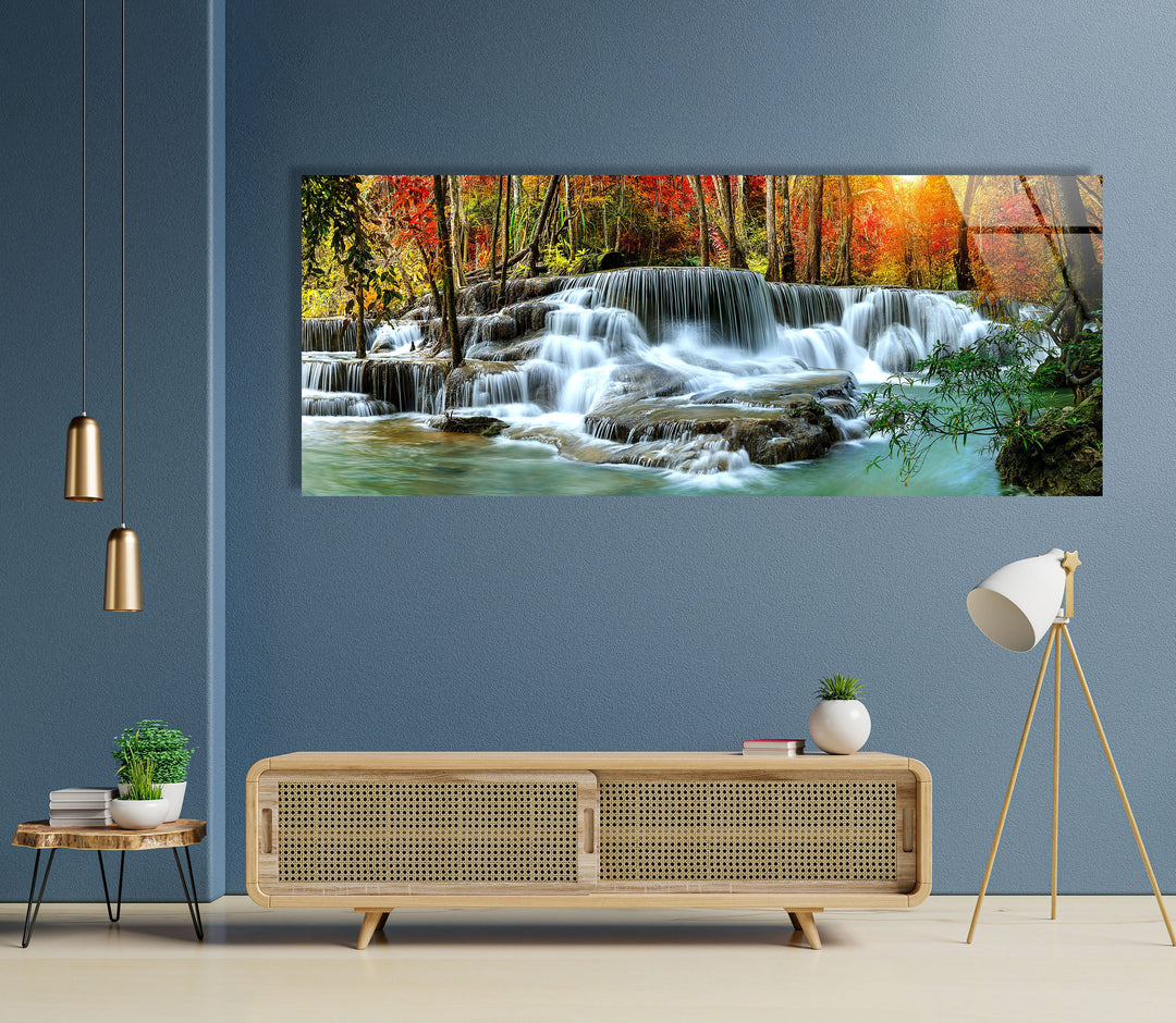 Cascading Waterfall Landscape Glass Wall Art, large glass photo prints, glass wall photos