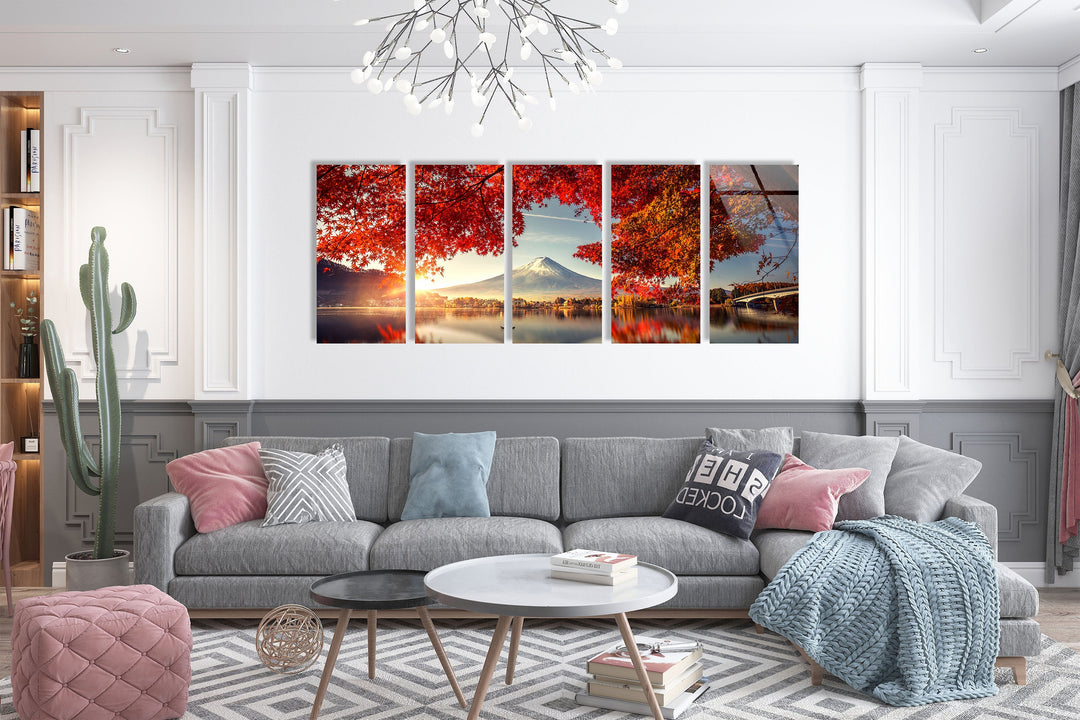 Fuji Mountain & Red Tree Landscape Glass Wall Art, print on glass, glass printed photos