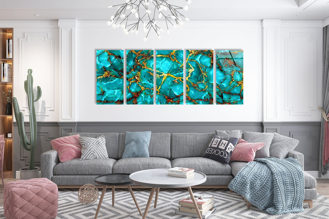 Aqua Blue With Gold Veins Abstract Glass Wall Art, glass wall decor, glass wall art decor