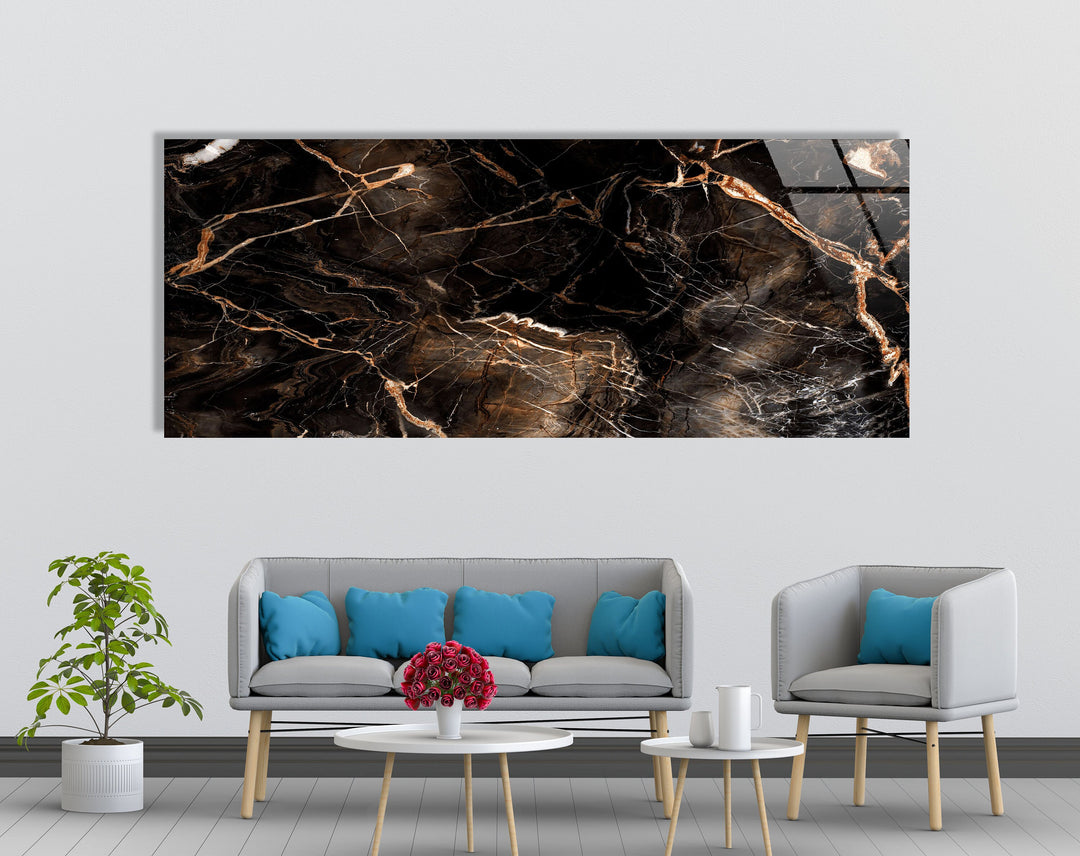 Dark Marble With Brown Veins Glass Wall Art, picture on glass wall art, photos printed on glass