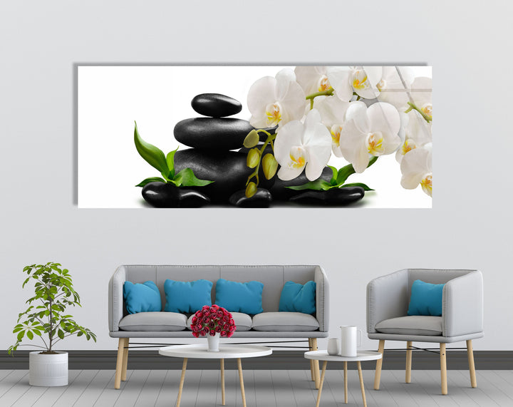 Orchid Flowers & Stones Glass Wall Art, glass wall decor, glass wall art decor