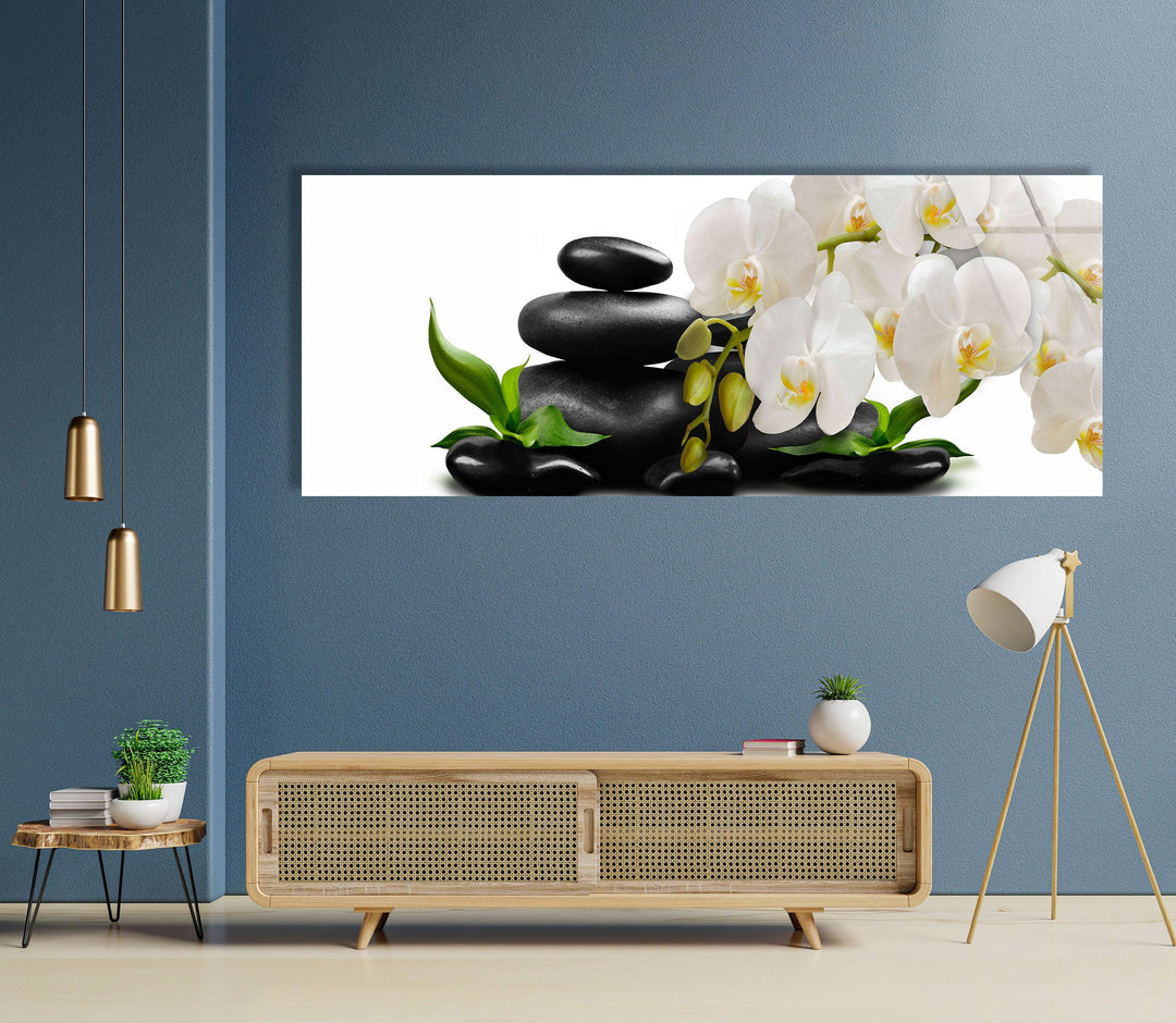 Orchid Flowers & Stones Glass Wall Art, Glass Printing Wall Art, Print photos on glass