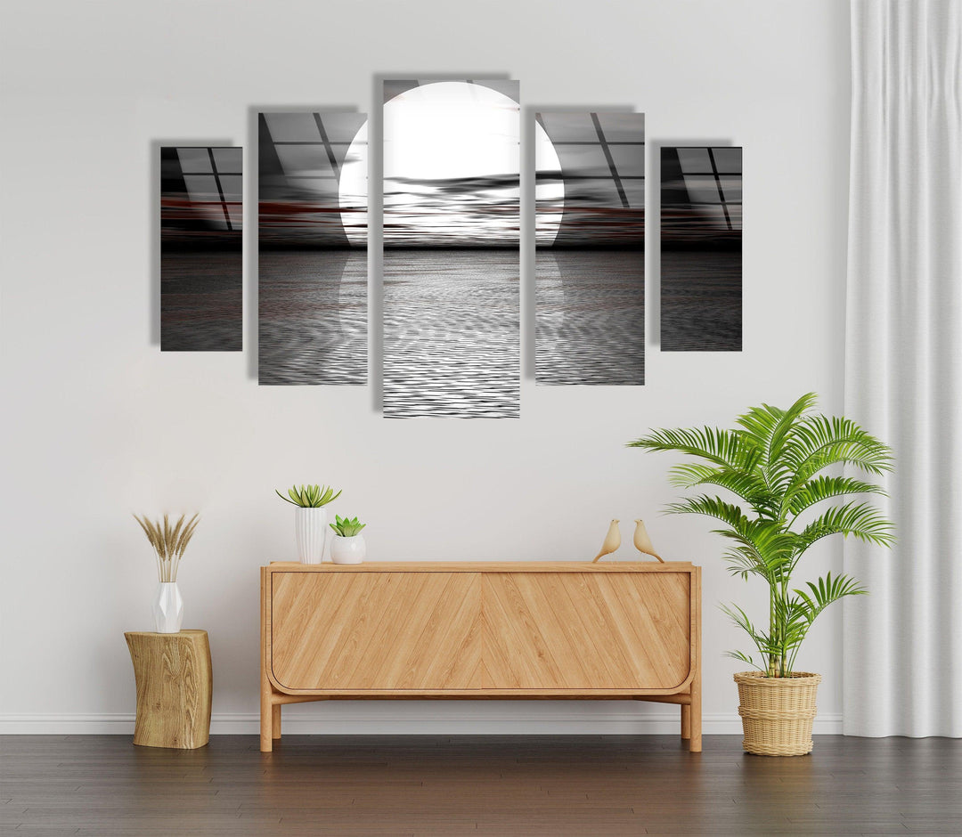 Black & White Full Moon Sea Landscape Glass Wall Art, print picture on glass, Tempered Glass Wall Art