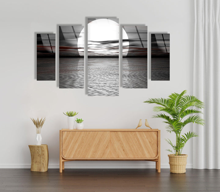 Black & White Full Moon Sea Landscape Glass Wall Art, print picture on glass, Tempered Glass Wall Art