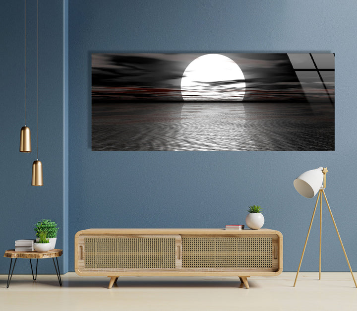 Black & White Full Moon Sea Landscape Glass Wall Art, photo print on glass, prints on glass wall art