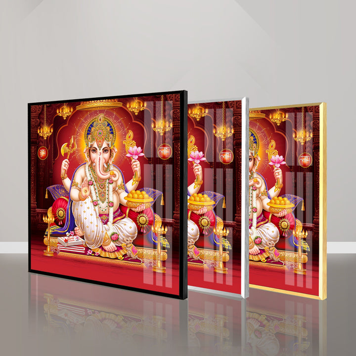 Red Lord Ganesha Glass Wall Artwork | Custom Glass Photos