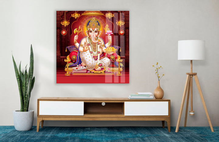 Red Lord Ganesha Glass Photos for Wall Decor