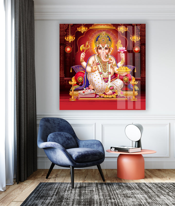 Red Lord Ganesha Glass Photos | Glass Wall Art & Decor