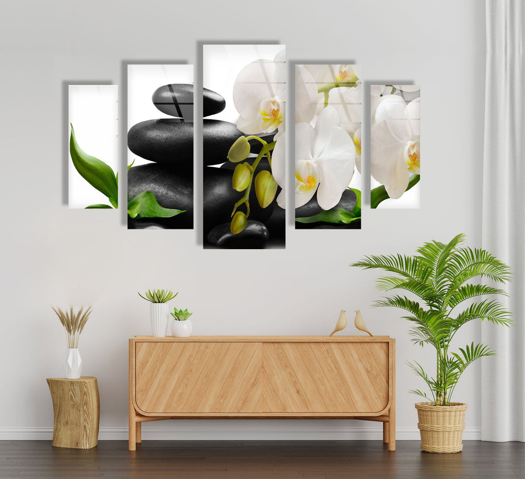 Orchid Flowers & Stones Glass Wall Art, print on glass, glass printed photos