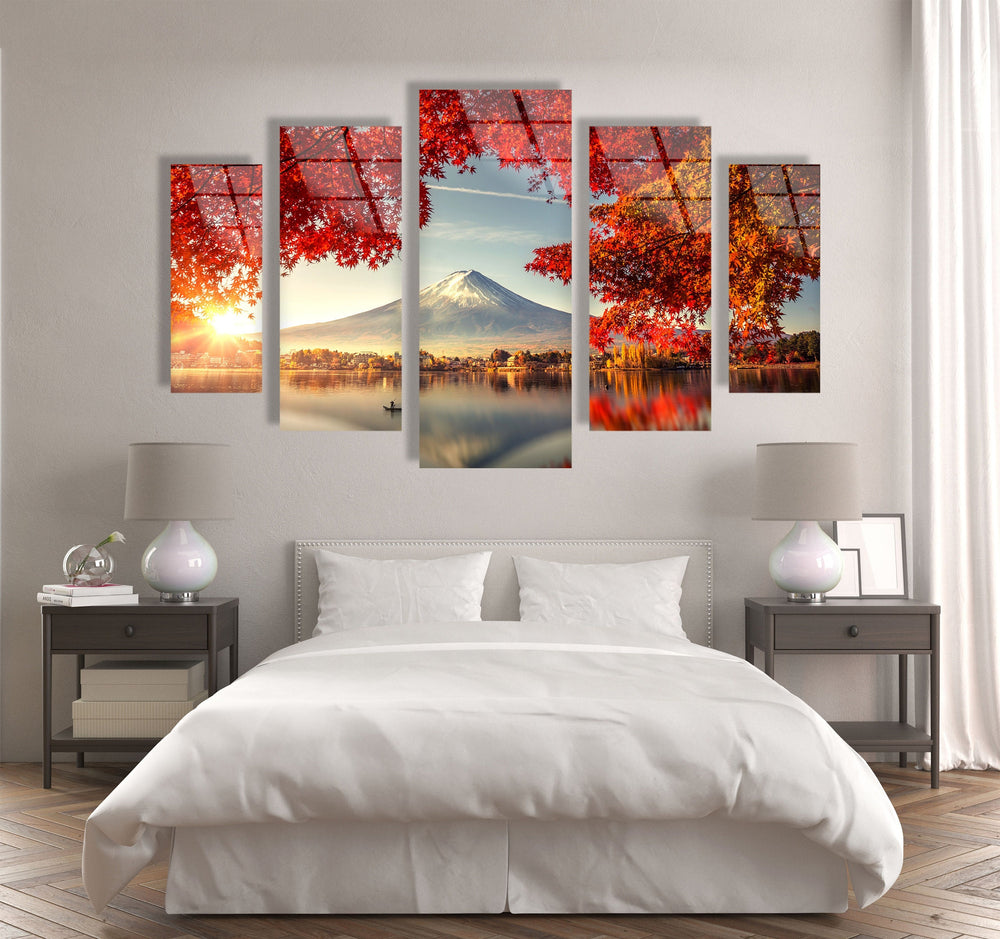 Fuji Mountain & Red Tree Landscape Glass Wall Art, large glass photo prints, glass wall photos