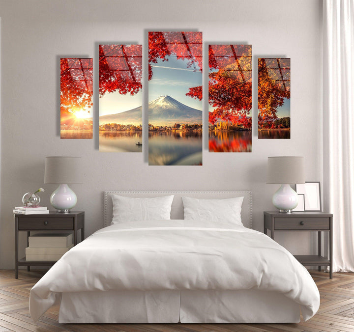 Fuji Mountain & Red Tree Landscape Glass Wall Art, large glass photo prints, glass wall photos