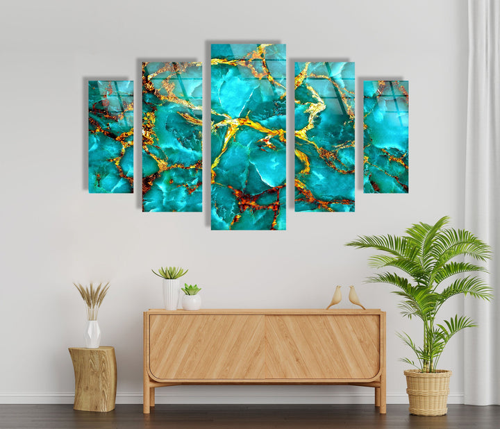 Aqua Blue With Gold Veins Abstract Glass Wall Art, print on glass, glass printed photos