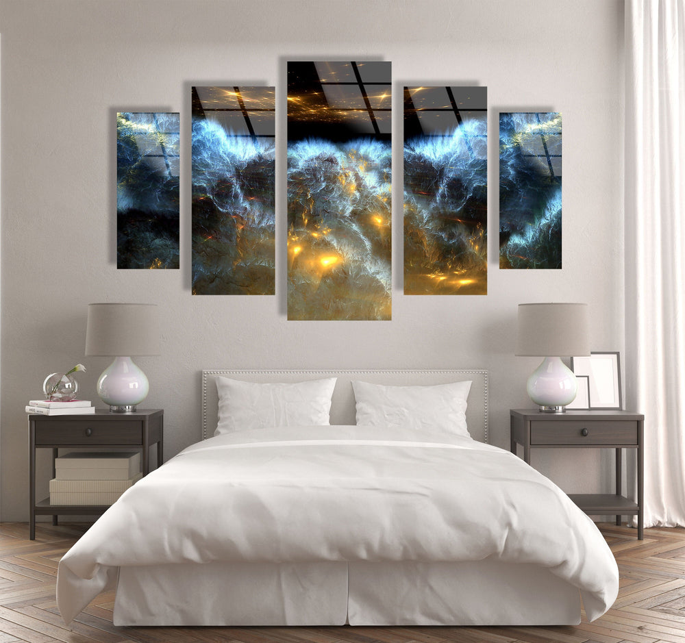 Yellow, Blue Space Clouds Abstract Glass Wall Art, custom glass photo prints, large glass prints