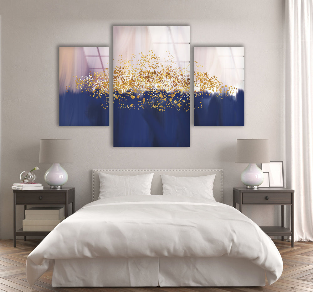 Gold Sparkles Blue Oil Painting Glass Wall Art, picture on glass wall art, photos printed on glass