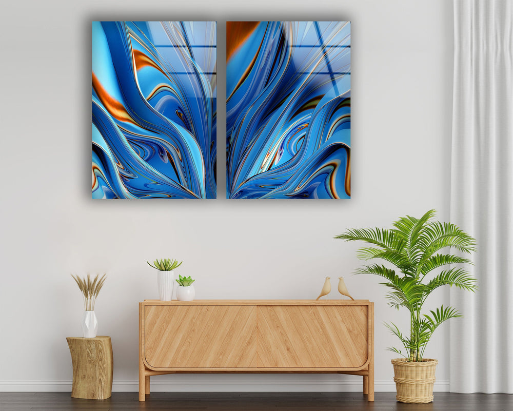 Blue, Orange Fractal Lines Abstract Glass Wall Art, custom glass pictures, glass art prints