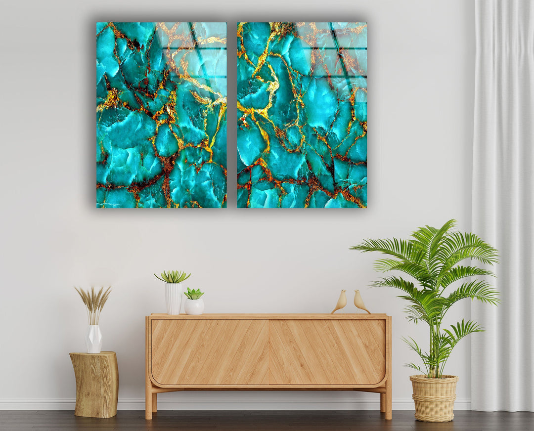 Turquoise With Gold Veins Marbling Glass Wall Art, glass image printing, glass prints from photos