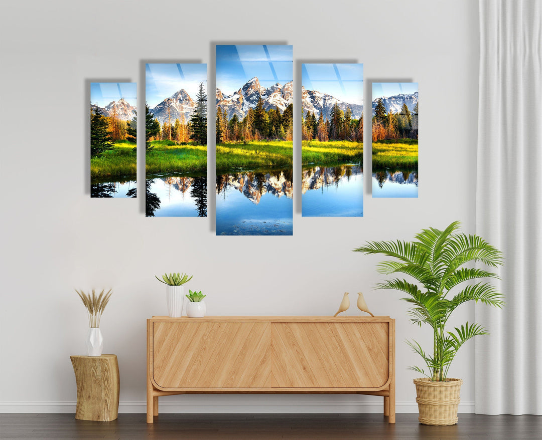 Lake, Trees and Mountain Nature Landscape Glass Wall Art, custom glass pictures, glass art prints