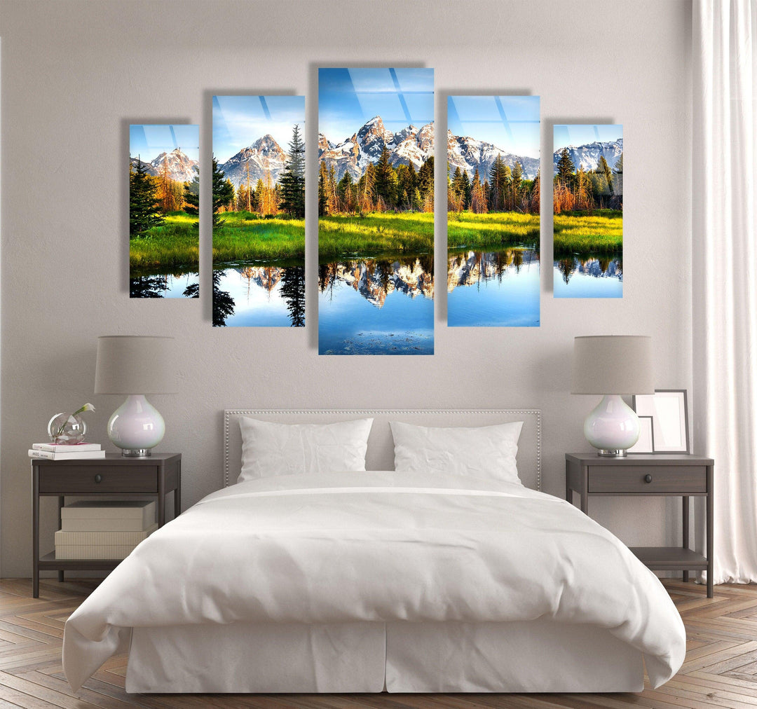 Lake, Trees and Mountain Nature Landscape Glass Wall Art, glass pictures for Wall, glass prints wall art