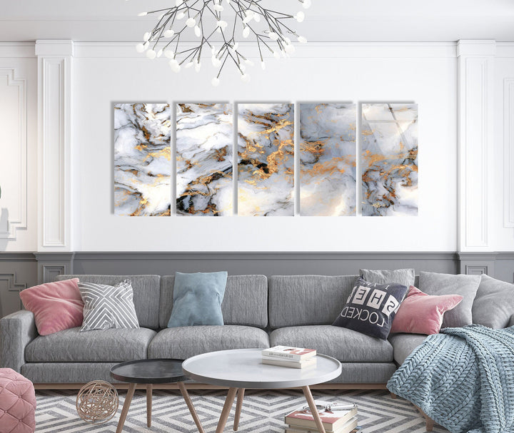 Grey & Gold Detailed Marble Glass Wall Art, glass pictures for Wall, glass prints wall art