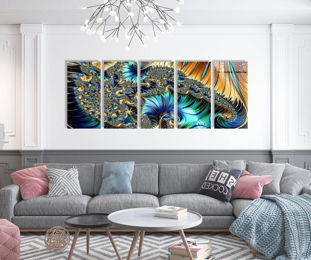 Blue, Golden Fractal Abstract Glass Wall Art, large glass photo prints, glass wall photos