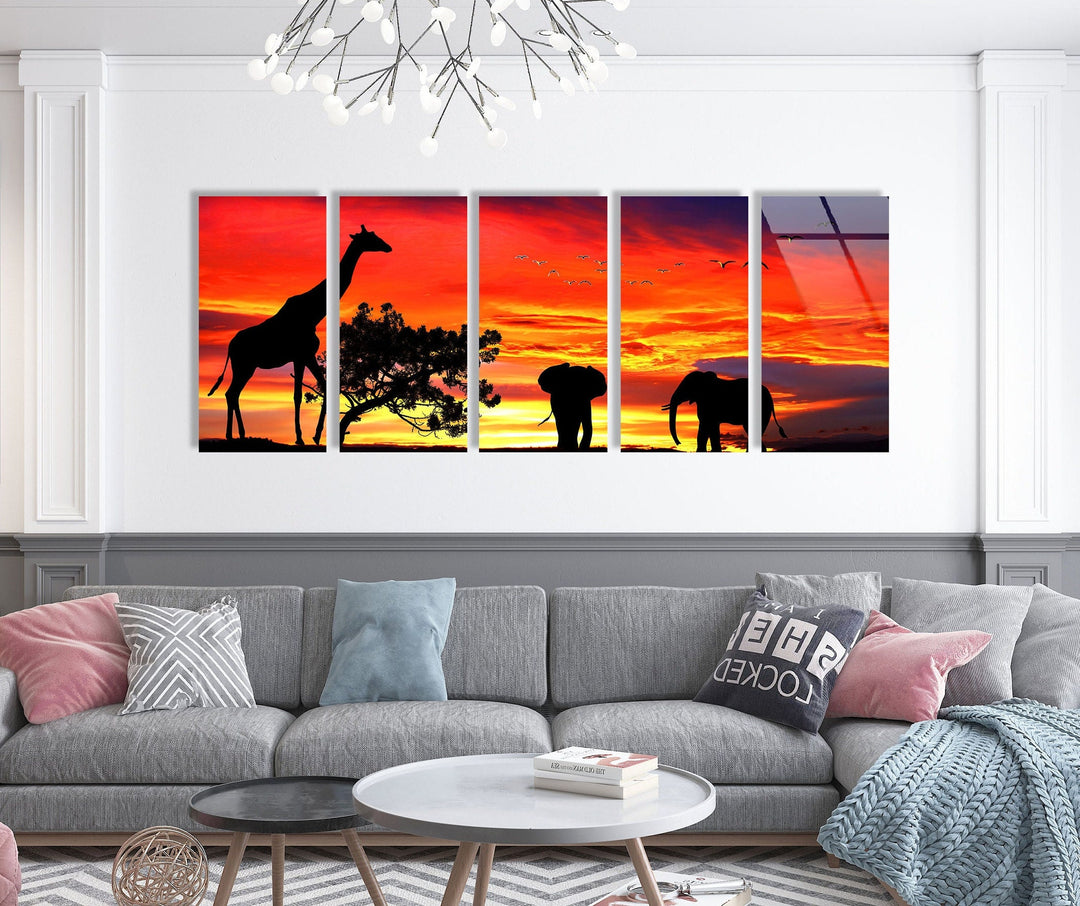 Giraffe & Elephants At Sunset Glass Wall Art, custom glass photo prints, large glass prints