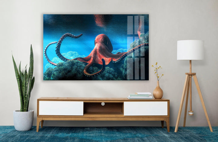 Octopus Under Water Glass Wall Art print picture on glass, Tempered Glass Wall Art