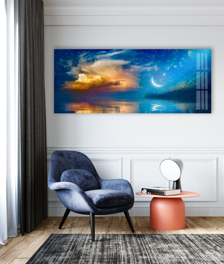 Starry Moon Sky Night Seascape Glass Wall Art, print on glass, glass printed photos