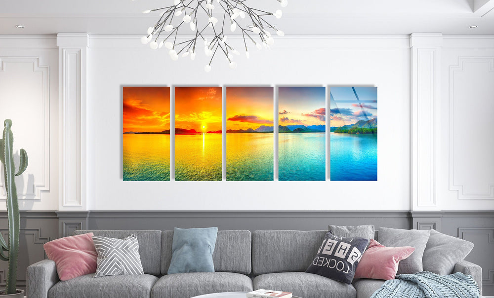 Yellow & Blue Sunset Seascape Glass Wall Art, Glass Printing Wall Art, Print photos on glass