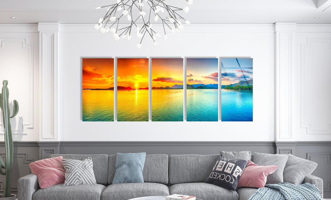 Yellow & Blue Sunset Seascape Glass Wall Art, Glass Printing Wall Art, Print photos on glass