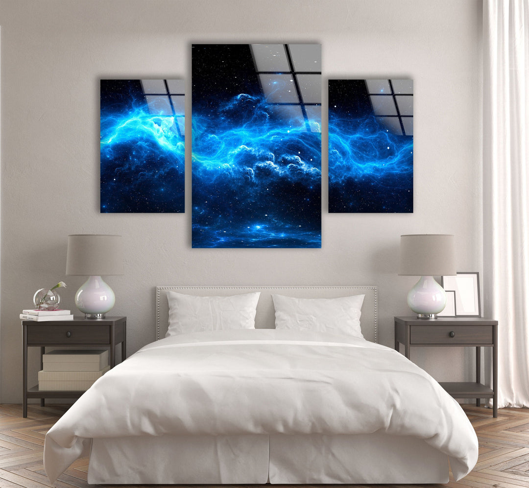 Blue Starry Cloudy Galaxy Glass Wall Art, glass art painting, glass art for the Wall