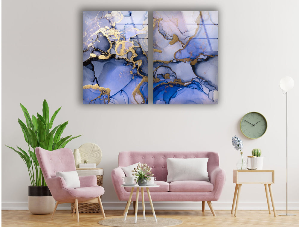 Blue & Gold Marble Abstract Glass Wall Art, glass pictures for Wall, glass prints wall art