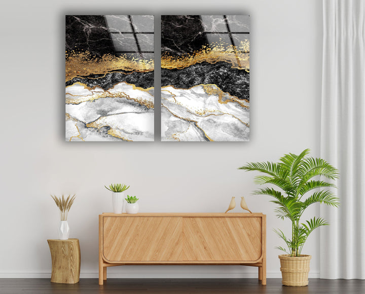 Harmony of Black & Gold Marble Abstract Glass Wall Art, custom glass pictures, glass art prints