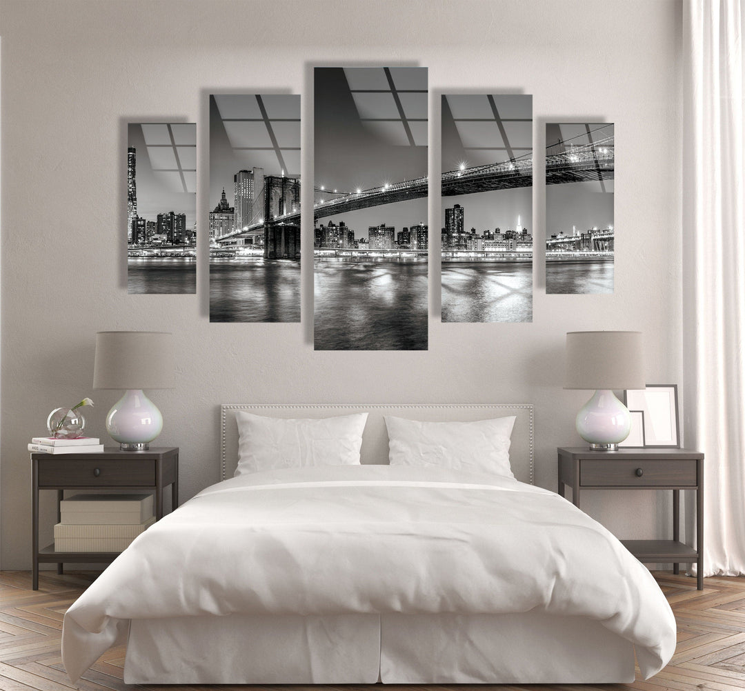 Black & White NYC Bridge Landscape Glass Wall Art, glass wall decor, glass wall art decor