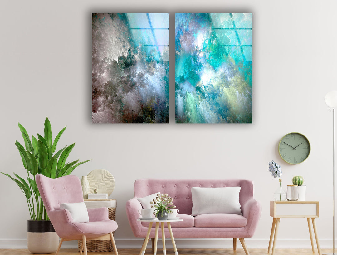 Turquoise, White Clouds Abstract Glass Wall Art, glass art painting, glass art for the Wall