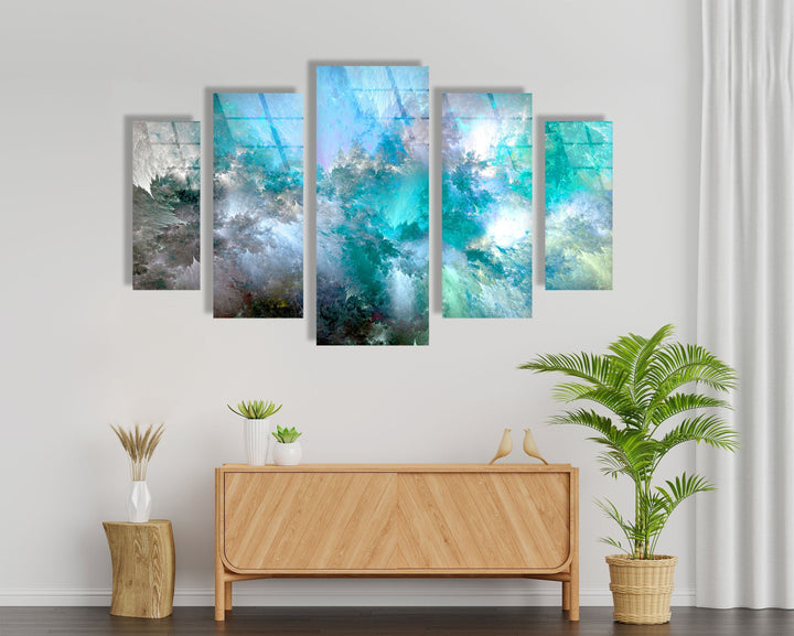 Cyan Blue, White Cloud Abstract Glass Wall Art, photo print on glass, prints on glass wall art