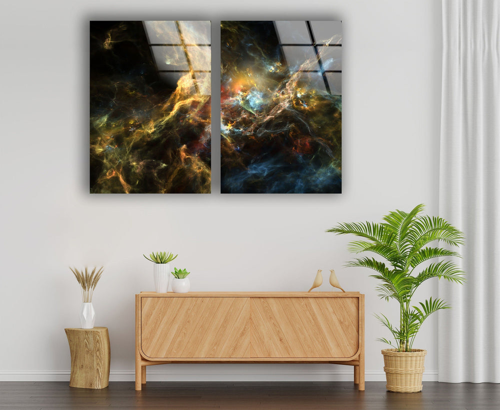 Yellow Dark Fractal Cosmic Space Glass Wall Art, glass photo prints, glass picture prints