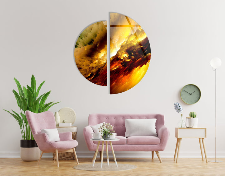 Circular Shiny Yellow Abstract Glass Wall Art picture on glass wall art, photos printed on glass
