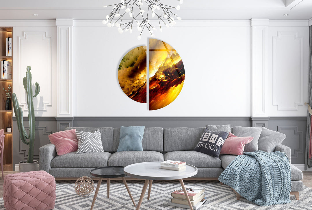 Circular Shiny Yellow Abstract Glass Wall Art custom glass photo prints, large glass prints
