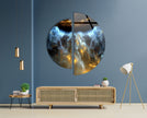 Two Pieces Round Dark Blue Abstract Tempered Glass Wall Art