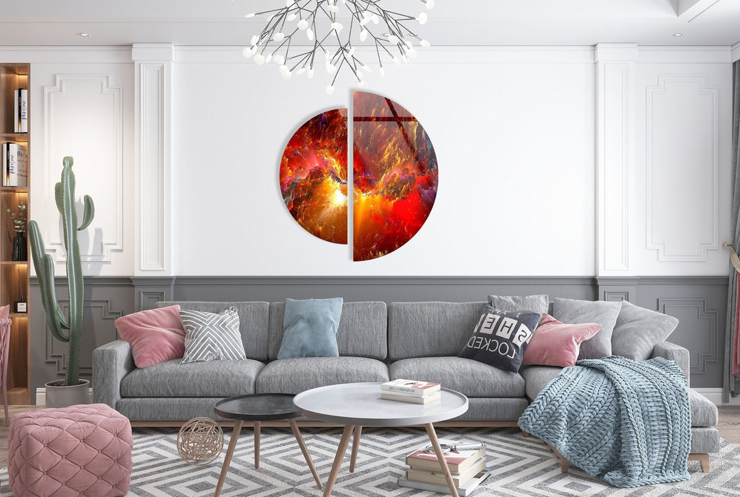 Two Piece Round Red Abstract Glass Wall Art Glass Printing Wall Art, Print photos on glass
