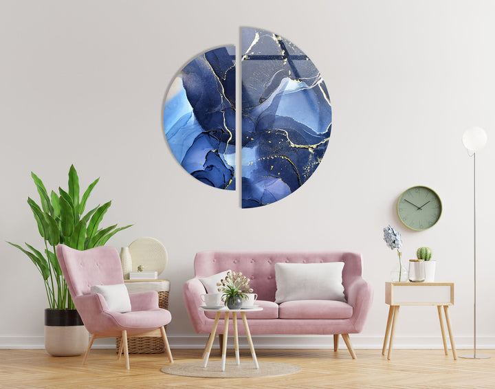 2 Piece Circular Dark Blue Marble Glass Wall Art custom glass photo prints, large glass prints
