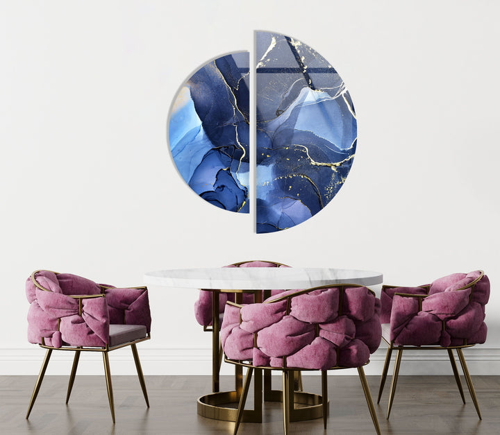 2 Piece Circular Dark Blue Marble Glass Wall Art large glass photo prints, glass wall photos
