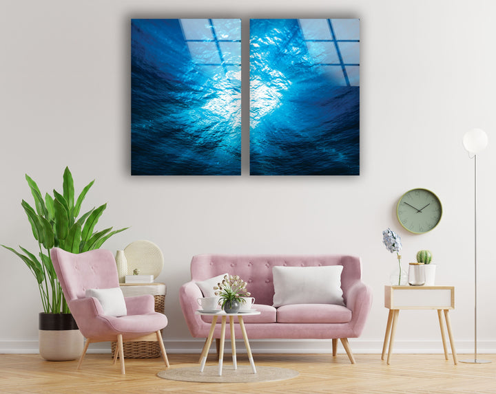 Blue Deep Underwater Abstract Glass Wall Art, custom glass pictures, glass art prints