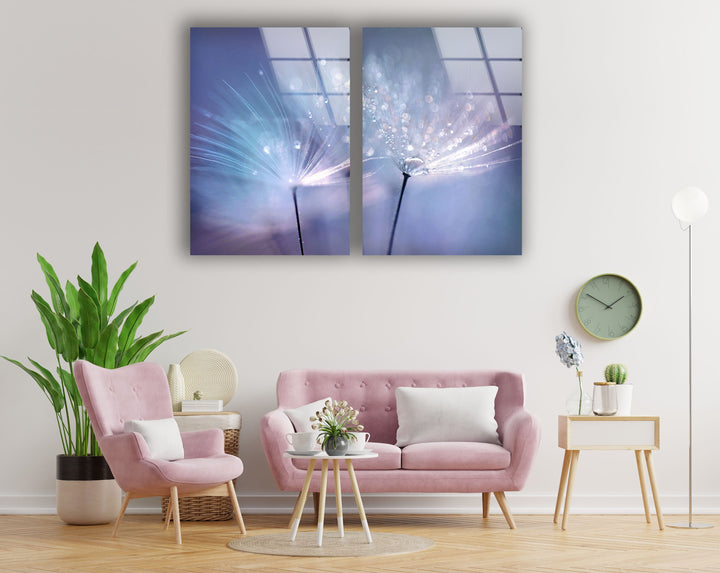 Blue Dew Drops On Dandelion Flowers Glass Wall Art, custom glass photo prints, large glass prints